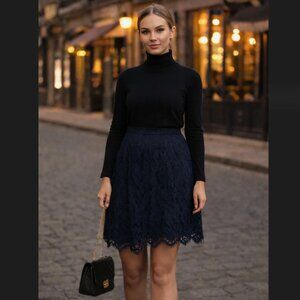 J. Crew Floral Mini Skirt 6 Blue Lace Eyelash Scalloped Hem Zip Party Cocktail